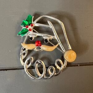 Vintage Santa Claus Brooch – Silver Tone, Enamel, Swirled Beard